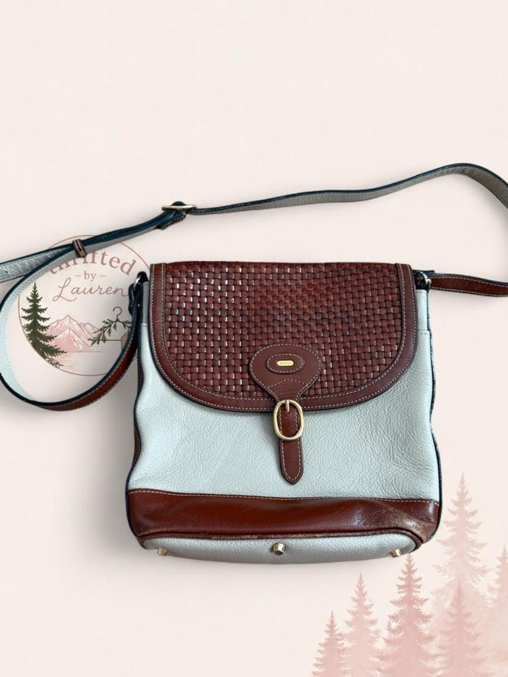 Vintage Bally Italy Woven Leather Flap Shoulder Bag Cream Brown Pebbled Leather